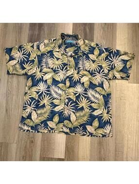 Tori Richard blue Hawaiian shirt with green leaf pattern. Size XXL #hawaiian
